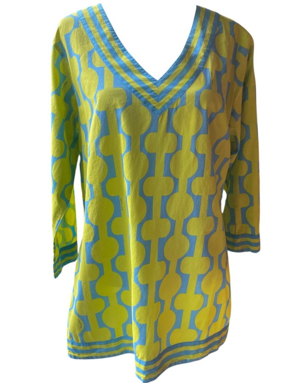 Gretchen Scott Designs Lime Green Blue Chainlink Tunic Top Sz Large Beach Resort